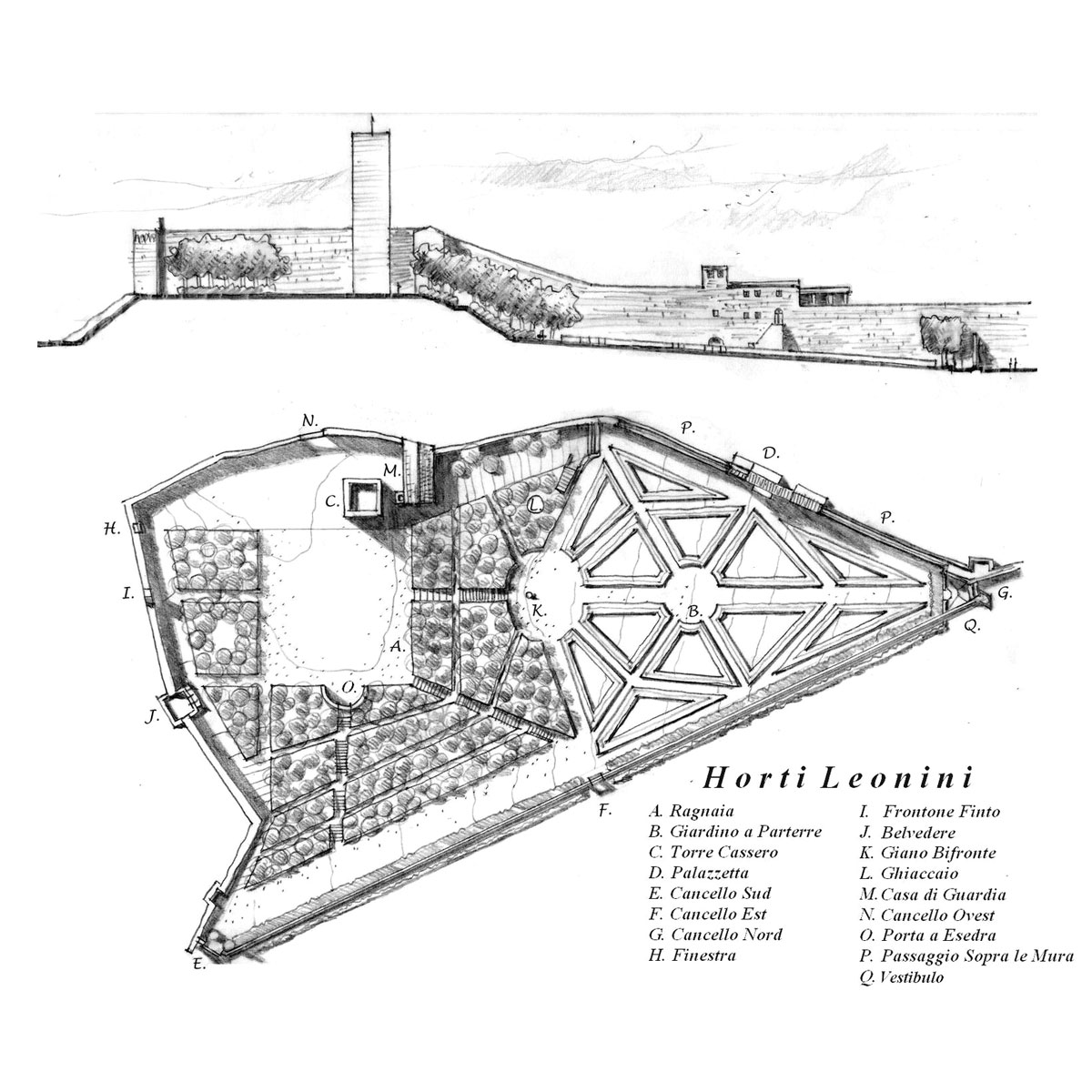 progetto horti leonini, disegno degli horti leonini